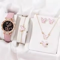 Pink butterfly women's watch set including matching bracelet necklace and ring on silk - Pink Set (Orange Box)