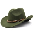 Dark green western felt cowboy hat with wide brim and decorative beaded band - M (56-58cm) Adjustable / Army Green