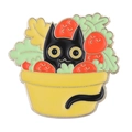 Cute black cat enamel pin in a yellow bowl with red strawberries and green leaves - Black Cat in Yellow Bowl with Strawberry