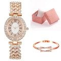 Elegant rose gold oval quartz watch set with diamond bracelets and pink jewelry gift box - Watch+Bracelet+Box / Rose Gold