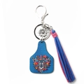 Western boho keychain with blue cow tag, floral bull skull and colorful suede tassels - 1 Blue Cow Skull