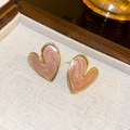 Pendientes de corazón en mármol rosa con borde dorado en joyero de madera retro - 31# Rosa Corazón Poste de Plata