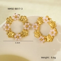 Macro shot of 3.3cm gold floral hoop earrings with light pink beads on stone background - Gold Pink Beaded Wreath (B817-3)