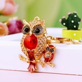 Golden owl keychain with red gemstone and sparkling crystals for handbags and car keys - A430 Owl N Red