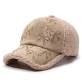 Beige lamb wool baseball cap with rhinestone bow design and faux suede brim - Adjustable / Deep Beige