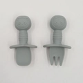 Gray silicone baby feeding set with panda handle fork and spoon for infant training - Gray