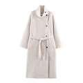 Close-up of oatmeal wool coat fabric showing thick texture, belt, and dark buttons - S / White