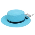 Wide brim bright blue straw sun hat with black ribbon and silver star buckle detail - Five-pointed Star Studded Band Style (301C)