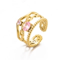 Three-layer gold stainless steel open ring with chain texture and pink zircon stones - Gold/Pink
