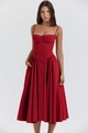 Franse vintage rode midi-jurk met dunne bandjes en geplooide uitlopende rok - S / Rood