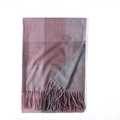 Pink and grey plaid cashmere-like scarf with long tassels in a flat lay view - Purple