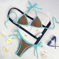 Brown two-piece bikini set with light blue trim and adjustable side ties for women - Brown/Blue
