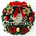 Klassischer Weihnachtskranz mit roter Samtschleife, Goldblumen und Merry Christmas Schild - 30cm / Stil 2