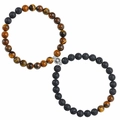 Close-up of matte black and tiger eye stone couple bracelets with magnetic ball clasp - Tiger's Eye & Black Lava Stone Magnetic Style (Style 09)