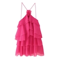 Elegante rozerode halter mini-jurk met 3D-bloemaccent en gelaagde ruches voor dames - S / Rozerood