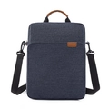 Maletín para portátil azul gris oscuro en tela Oxford con asas de cuero marrón para hombre - 11" / Azul oscuro