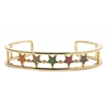 Gold open bangle with five colorful star-shaped zircons in a minimalist punk style - Five-Point Star Bangle