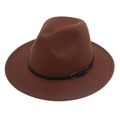 Detail of a dark brown wool fedora hat featuring a black leather band and silver buckle - M(56-58cm) / Coffee