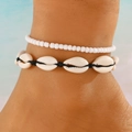 Bohemian multilayer anklet with white seed beads and natural shells on black cord - Black Woven Natural Shell Seed Beads Anklet Set (19黑色贝壳A-603)
