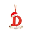Close-up of a red glitter letter D ornament with a Santa hat and personalized banner - Letter D
