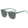 Detail view of green translucent matte frame sunglasses with silver metal accents - Green Frame Grey Lens