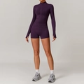 Dark purple seamless two-piece yoga set with long sleeve zip top and high waist shorts - S / Jacket + Shorts / Plum Purple