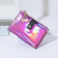 Holographic pink faux leather card holder with black pebble strap and floral charm - Pink