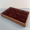 Detail of 12-slot wooden watch tray with deep red velvet cushions and wood grain finish - 12 Grids / Coffee (Dark Brown Wood + Deep Red Velvet)