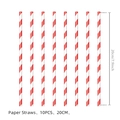 Close-up of 10 red and white striped paper straws with 20cm length measurement for parties - Red White Striped Paper Straws 10PCS