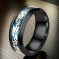 Titanium steel ring featuring gold dragon pattern on blue background in black finish - US 7