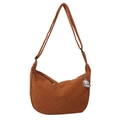 Brown corduroy crescent crossbody bag with adjustable strap and cute cartoon pendant - Light Brown With Pendant