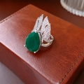 Silver ring featuring a pear-cut green gemstone and wing design with small diamonds - Silver Base Green Pear Stone Wing Style (6# Ring-Green)