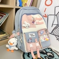 Cute school backpack for girls in blue pink and beige with plush duck pendant - Backpack with Charms and Badges / Blue
