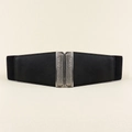 Detail of vintage silver alloy buckle with embossed floral patterns on black waist belt - Black