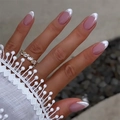 Classic French nude pink press-on nails with pearl white tips and gold zircon ring - French Pink & White Style (JP2704)