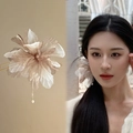 Elegant camellia hair pin with silk petals, pearl tassels and golden metal base - Hair Stick (1) / Brown