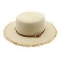 Flat top raffia boater hat with frayed edges and brown leather belt buckle strap - M (56-58cm) / Beige