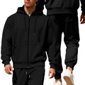 Men's thermal black fleece zip hooded tracksuit with jogger pants for sports - S / Black