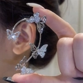Elegant silver butterfly ear cuff featuring shimmering rhinestones in a wrap-around style - 8# Silver Butterfly - Left Ear