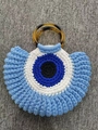 Handmade woven crochet evil eye tote bag with round tortoiseshell handles - Light Blue with Tassel