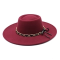 British style burgundy wide brim wool felt pork pie hat with gold chain ribbon for adults - M (56-58cm) / Burgundy