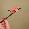 Detail of bamboo-shaped wooden hair stick with red maple leaves and white pearls - Autumn Maple (S389)