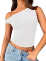 Detail van witte slim-fit top met één schouder, elegante geplooide textuur en stretchstof - L / Wit