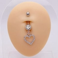 Detail of silver belly button ring with heart pendant and round zircon on model display - Zircon Heart Dangle