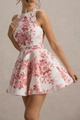 Detail shot of sleeveless halter neck dress with red floral print and A-line silhouette - S / Pink Floral