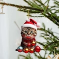 Tabby cat acrylic Christmas ornament with Santa hat and colorful baubles on tree - Cat 9