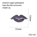 Detailed close-up of lip-shaped copper pendant with purple zircon and black plating - P02128-Gold Lip-Purple Zircon