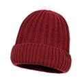 Deep red ribbed knit beanie for men with brown leather snowflake patch and thick texture - Red