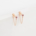 Rose gold chain earrings with round pink rhinestones and a hanging tassel design - July Rose Red - Rose Gold