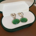 Macro shot of vintage earrings with green oval stones in a velvet gift box - 18# 925 Sterling Silver Earring Post - Crystal & Cat-Eye Dangle Earrings - Silver Green
